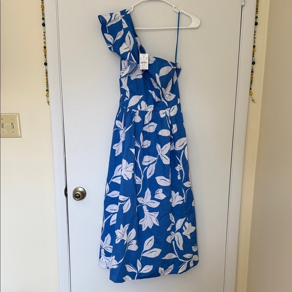 NWT J. Crew One Shoulder Blue White Floral Cotton Midi Dress - Picture 2 of 14